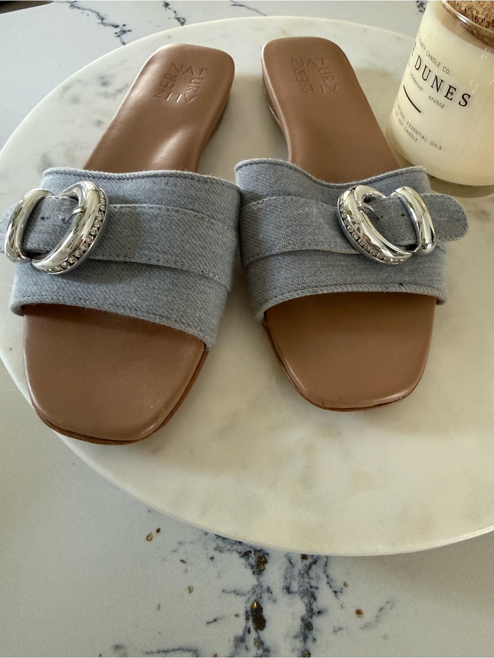 Naturalizer Light Gray Fabric Slide Mules with Silver Buckles